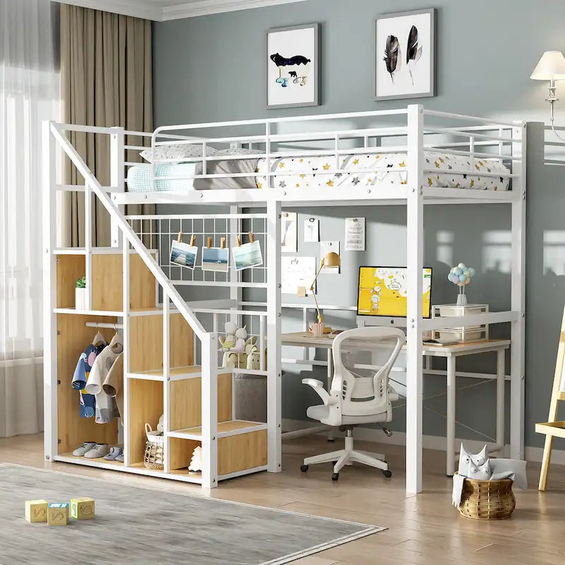Letto a soppalco Twin moderno con scala contenitore e piccolo armadio, robusta struttura letto a soppalco in metallo con sponde di sicurezza per bambini e bambine