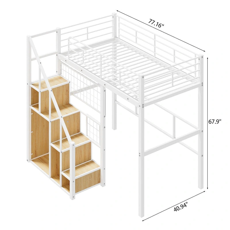 Letto a soppalco Twin moderno con scala contenitore e piccolo armadio, robusta struttura letto a soppalco in metallo con sponde di sicurezza per bambini e bambine