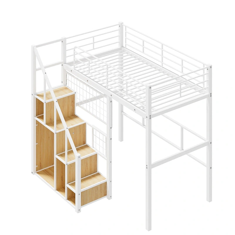 Letto a soppalco Twin moderno con scala contenitore e piccolo armadio, robusta struttura letto a soppalco in metallo con sponde di sicurezza per bambini e bambine