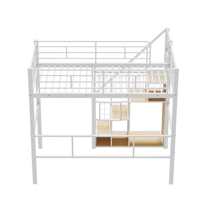 Letto a soppalco Twin moderno con scala contenitore e piccolo armadio, robusta struttura letto a soppalco in metallo con sponde di sicurezza per bambini e bambine