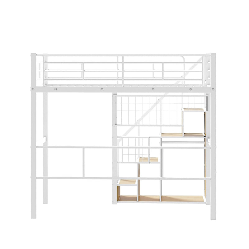 Letto a soppalco Twin moderno con scala contenitore e piccolo armadio, robusta struttura letto a soppalco in metallo con sponde di sicurezza per bambini e bambine