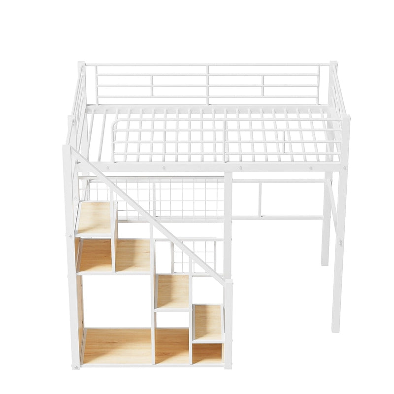 Letto a soppalco Twin moderno con scala contenitore e piccolo armadio, robusta struttura letto a soppalco in metallo con sponde di sicurezza per bambini e bambine