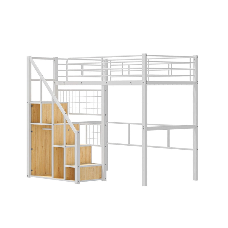 Letto a soppalco Twin moderno con scala contenitore e piccolo armadio, robusta struttura letto a soppalco in metallo con sponde di sicurezza per bambini e bambine