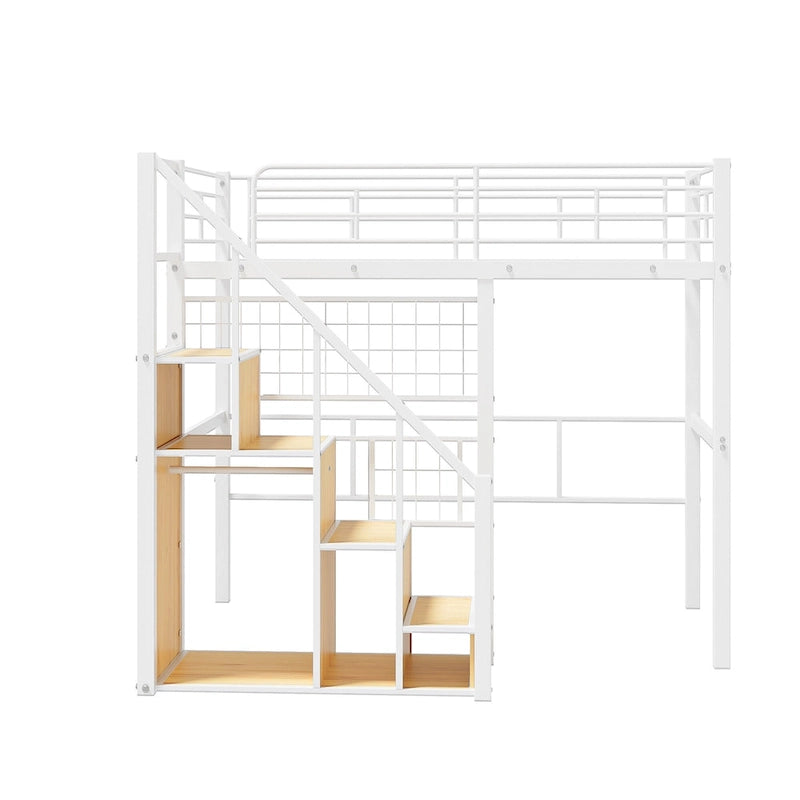 Letto a soppalco Twin moderno con scala contenitore e piccolo armadio, robusta struttura letto a soppalco in metallo con sponde di sicurezza per bambini e bambine