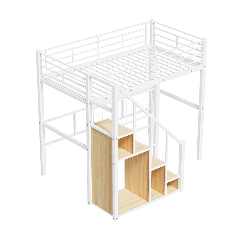 Letto a soppalco Twin moderno con scala contenitore e piccolo armadio, robusta struttura letto a soppalco in metallo con sponde di sicurezza per bambini e bambine