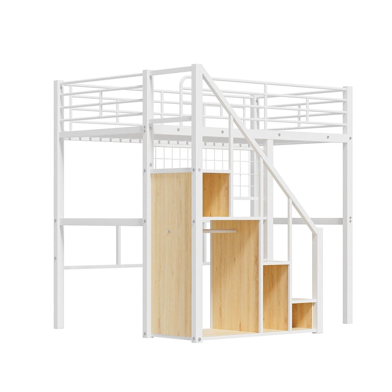 Letto a soppalco Twin moderno con scala contenitore e piccolo armadio, robusta struttura letto a soppalco in metallo con sponde di sicurezza per bambini e bambine
