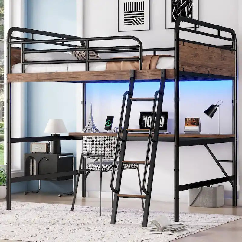 Metall-Hochbett mit Schreibtisch, LED-Leuchten und USB-Ladestation, Hochbettgestell mit Sicherheitsgittern