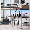 Metall-Hochbett mit Schreibtisch, LED-Leuchten und USB-Ladestation, Hochbettgestell mit Sicherheitsgittern