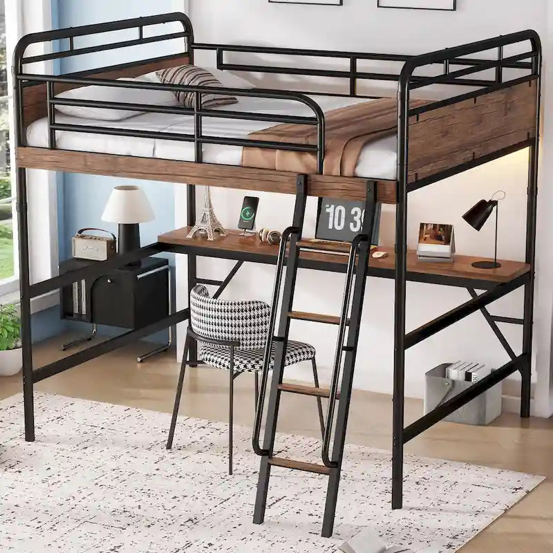 Metall-Hochbett mit Schreibtisch, LED-Leuchten und USB-Ladestation, Hochbettgestell mit Sicherheitsgittern