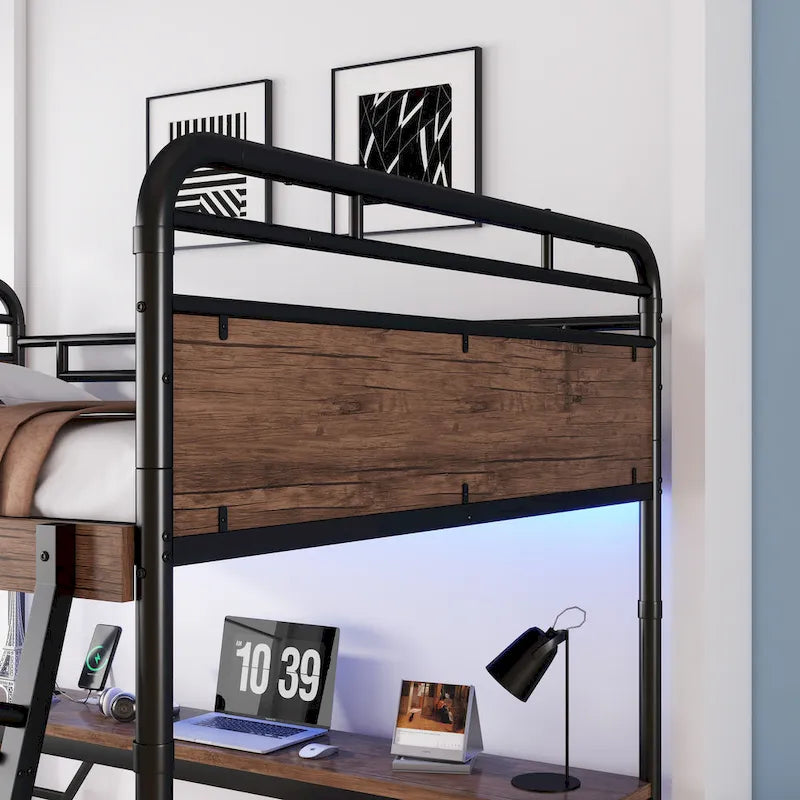 Cama alta de metal con escritorio, luces LED y estación de carga USB, estructura de cama alta con barandillas de seguridad