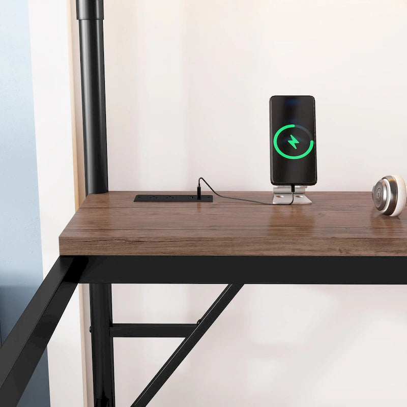 Metall-Hochbett mit Schreibtisch, LED-Leuchten und USB-Ladestation, Hochbettgestell mit Sicherheitsgittern