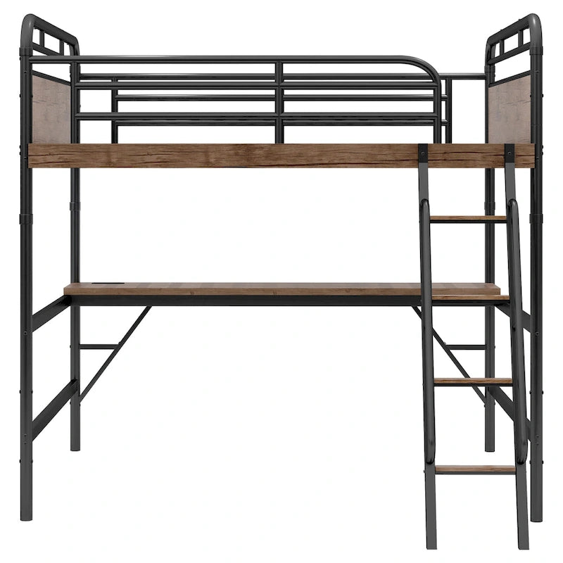 Metall-Hochbett mit Schreibtisch, LED-Leuchten und USB-Ladestation, Hochbettgestell mit Sicherheitsgittern