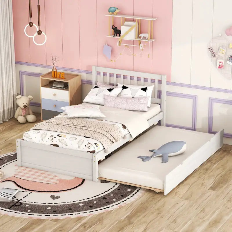 Cama de plataforma tamaño Twin de madera de caucho y nogal blanco con cama nido, diseño moderno, no necesita somier