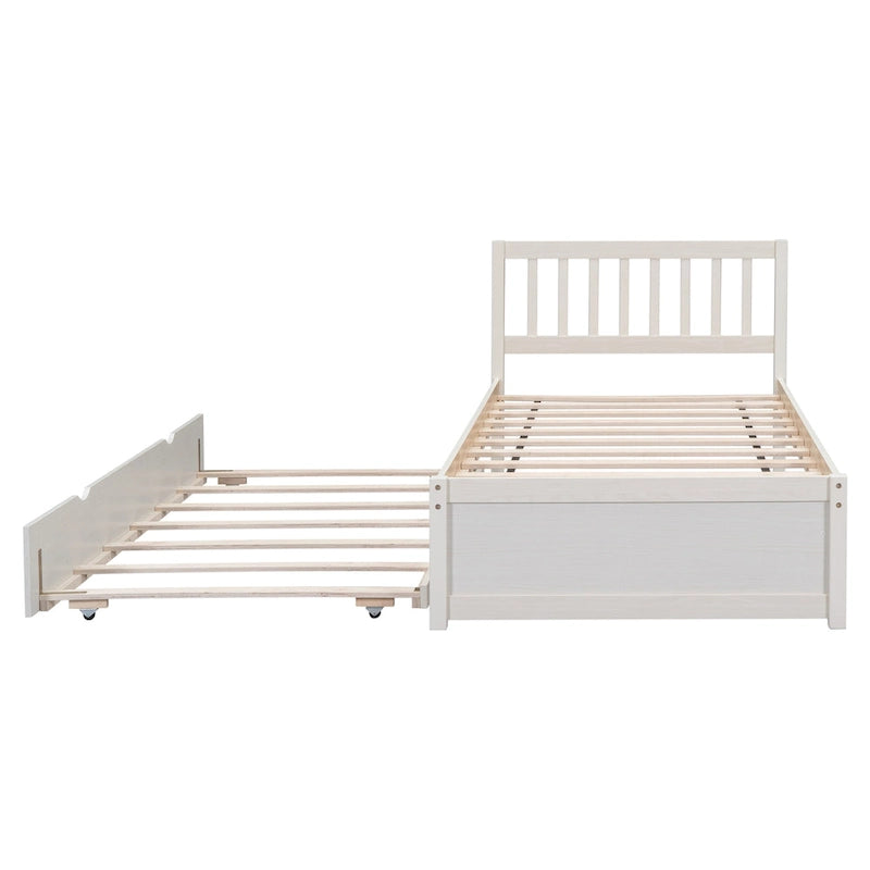 Cama de plataforma tamaño Twin de madera de caucho y nogal blanco con cama nido, diseño moderno, no necesita somier