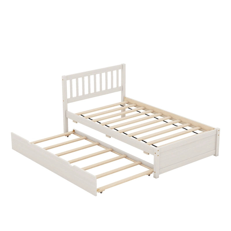 Cama de plataforma tamaño Twin de madera de caucho y nogal blanco con cama nido, diseño moderno, no necesita somier