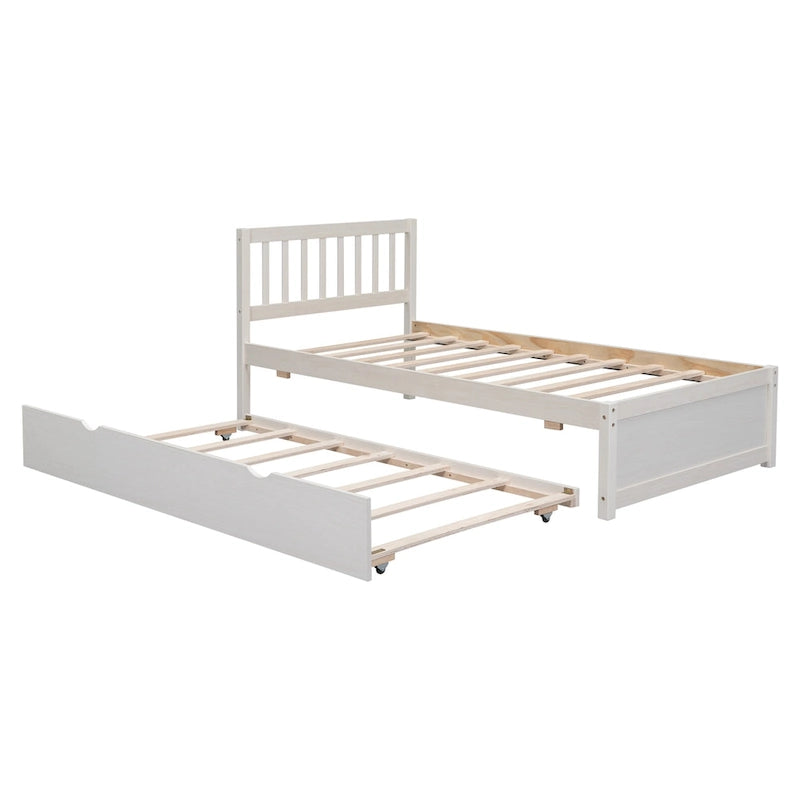 Cama de plataforma tamaño Twin de madera de caucho y nogal blanco con cama nido, diseño moderno, no necesita somier