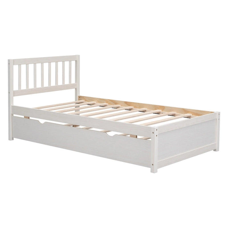 Cama de plataforma tamaño Twin de madera de caucho y nogal blanco con cama nido, diseño moderno, no necesita somier