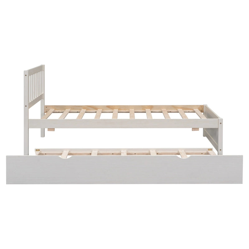 Cama de plataforma tamaño Twin de madera de caucho y nogal blanco con cama nido, diseño moderno, no necesita somier