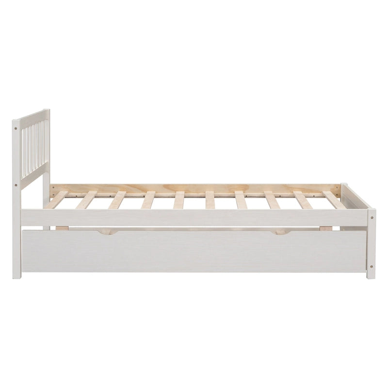 Cama de plataforma tamaño Twin de madera de caucho y nogal blanco con cama nido, diseño moderno, no necesita somier