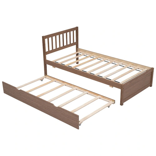 Cama de plataforma Twin de madera color nogal marrón con cama nido y cabecero con baranda - diseño moderno que ahorra espacio