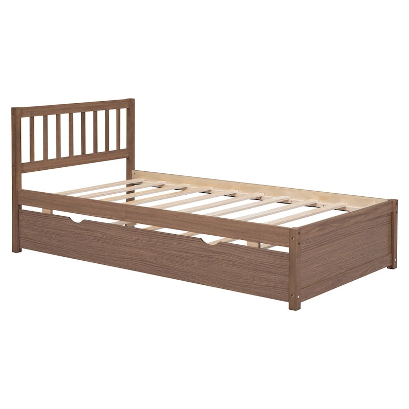 Cama de plataforma Twin de madera color nogal marrón con cama nido y cabecero con baranda - diseño moderno que ahorra espacio