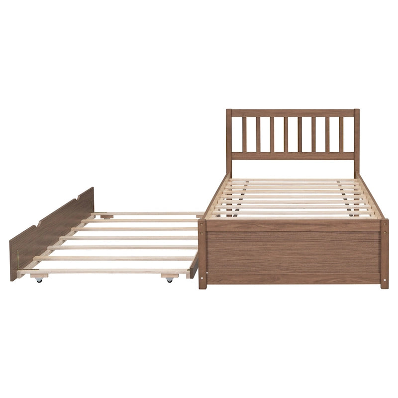 Cama de plataforma Twin de madera color nogal marrón con cama nido y cabecero con baranda - diseño moderno que ahorra espacio