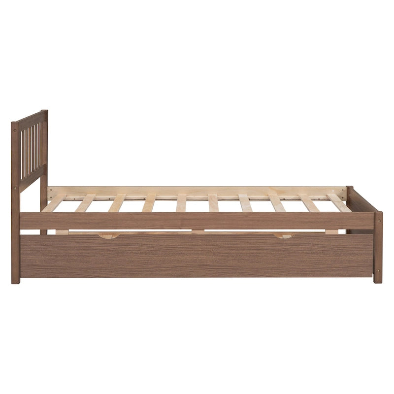 Cama de plataforma Twin de madera color nogal marrón con cama nido y cabecero con baranda - diseño moderno que ahorra espacio
