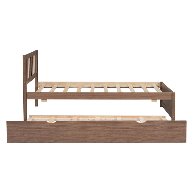 Cama de plataforma Twin de madera color nogal marrón con cama nido y cabecero con baranda - diseño moderno que ahorra espacio