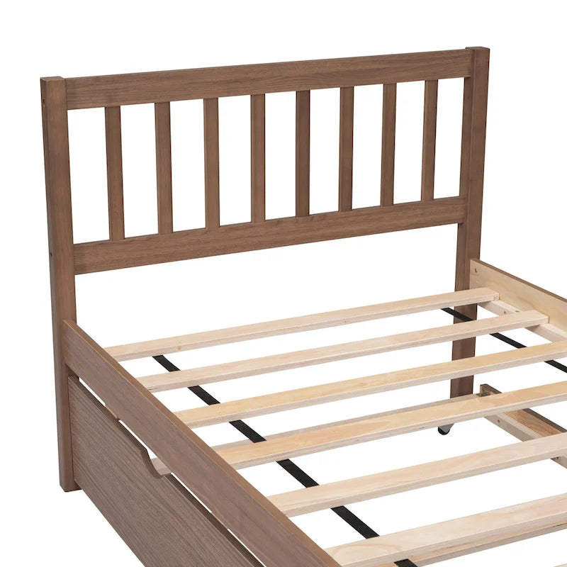 Cama de plataforma Twin de madera color nogal marrón con cama nido y cabecero con baranda - diseño moderno que ahorra espacio