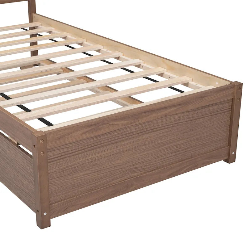 Cama de plataforma Twin de madera color nogal marrón con cama nido y cabecero con baranda - diseño moderno que ahorra espacio