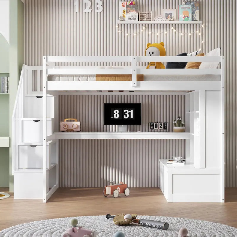 Cama alta de madera maciza blanca tamaño Full con escritorio, estantes y cajones