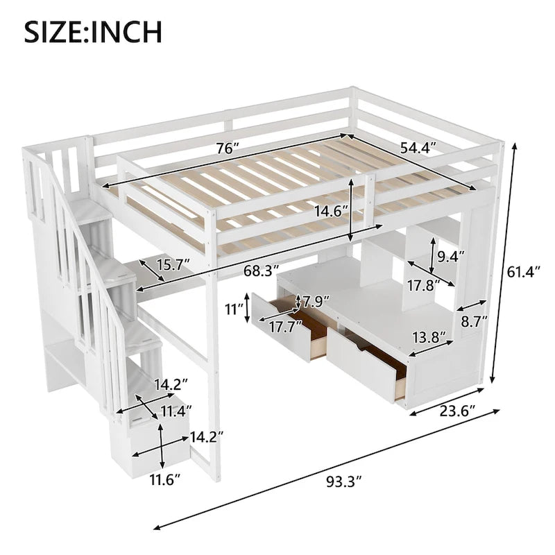 Cama alta de madera maciza blanca tamaño Full con escritorio, estantes y cajones