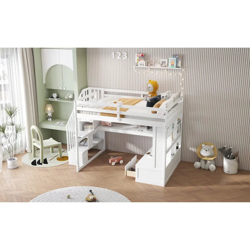 Cama alta de madera maciza blanca tamaño Full con escritorio, estantes y cajones