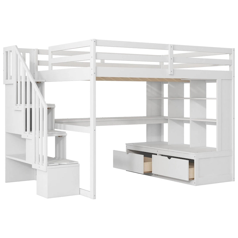 Cama alta de madera maciza blanca tamaño Full con escritorio, estantes y cajones