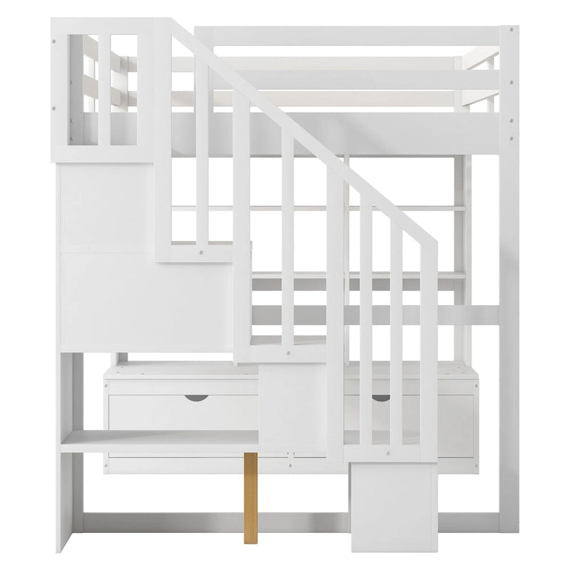 Cama alta de madera maciza blanca tamaño Full con escritorio, estantes y cajones