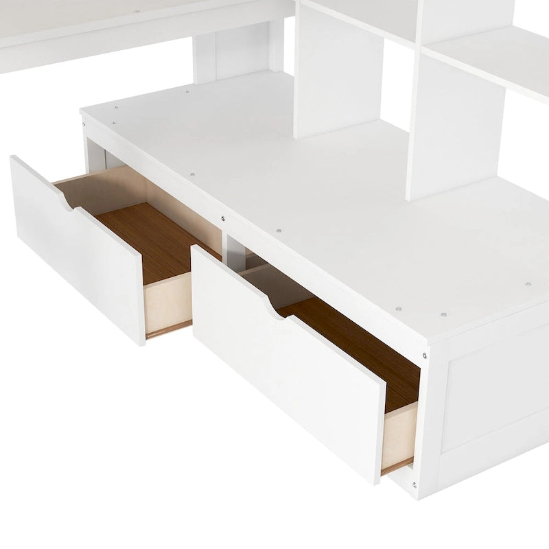 Cama alta de madera maciza blanca tamaño Full con escritorio, estantes y cajones