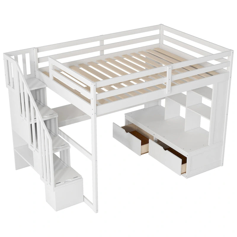 Cama alta de madera maciza blanca tamaño Full con escritorio, estantes y cajones