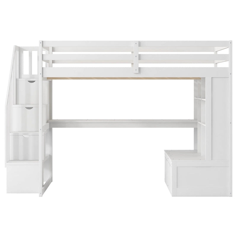 Cama alta de madera maciza blanca tamaño Full con escritorio, estantes y cajones