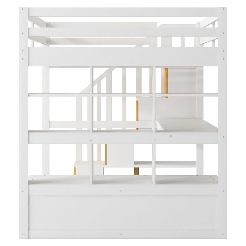 Cama alta de madera maciza blanca tamaño Full con escritorio, estantes y cajones