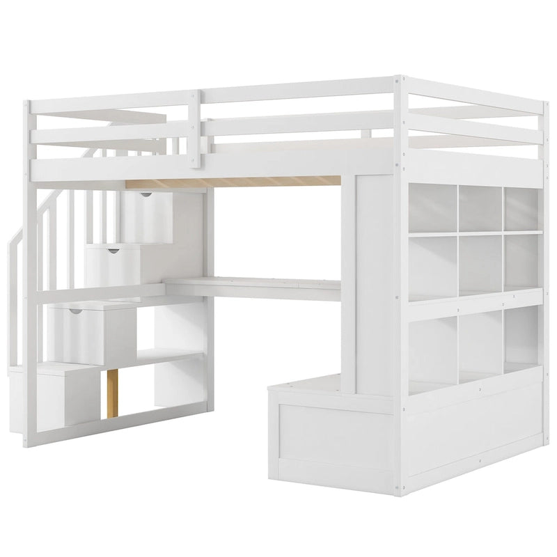 Cama alta de madera maciza blanca tamaño Full con escritorio, estantes y cajones