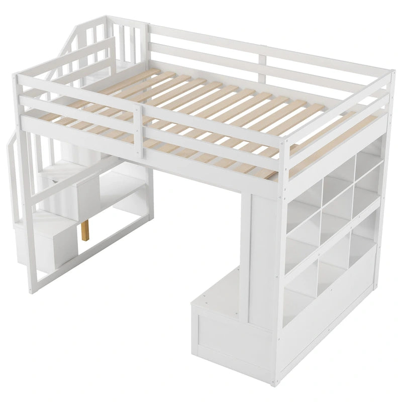 Cama alta de madera maciza blanca tamaño Full con escritorio, estantes y cajones