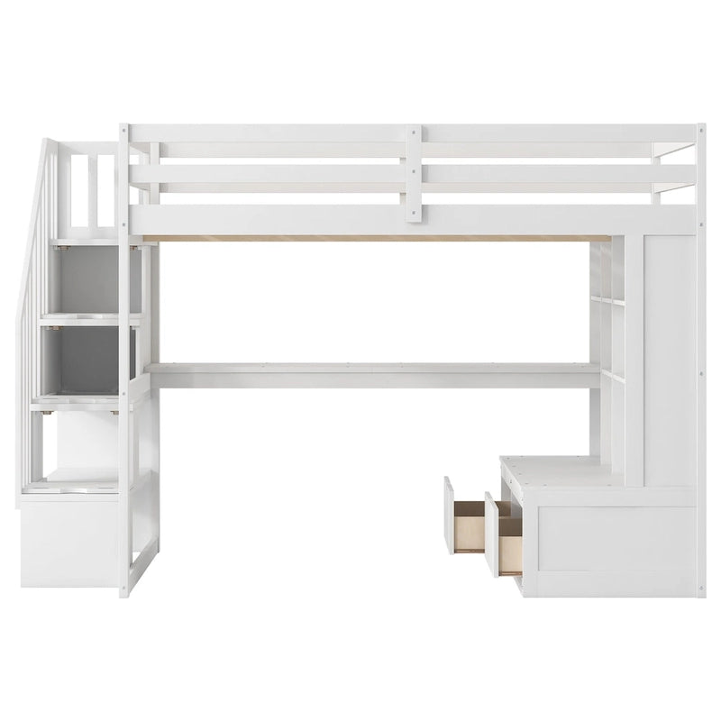 Cama alta de madera maciza blanca tamaño Full con escritorio, estantes y cajones