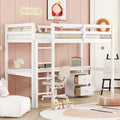 Cama alta de madera blanca individual con escritorio, almacenamiento y escalera