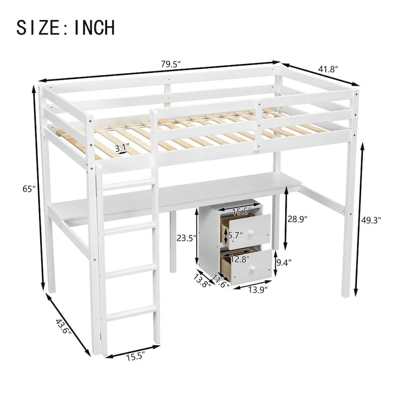 Cama alta de madera blanca individual con escritorio, almacenamiento y escalera