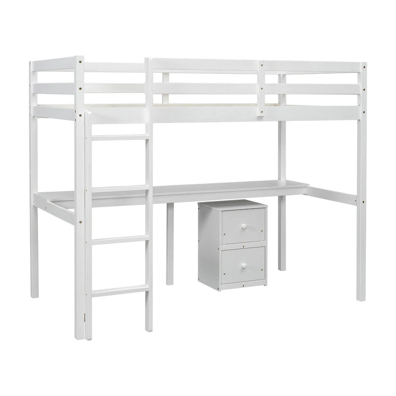 Cama alta de madera blanca individual con escritorio, almacenamiento y escalera