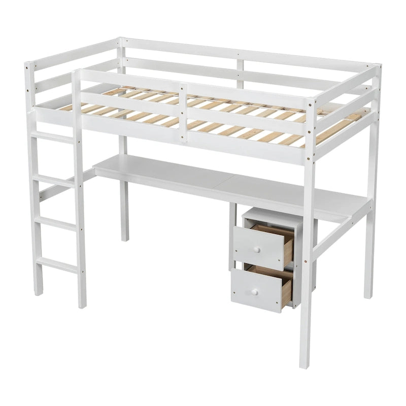Cama alta de madera blanca individual con escritorio, almacenamiento y escalera