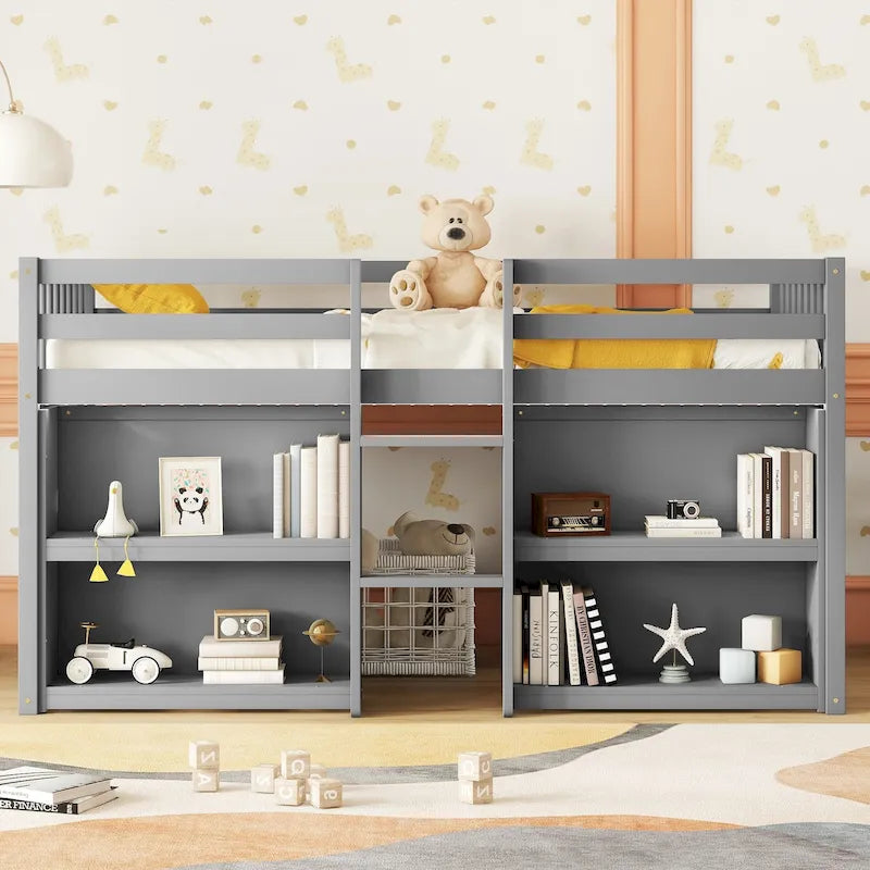 Cama alta baja de madera individual con estantes y luz LED