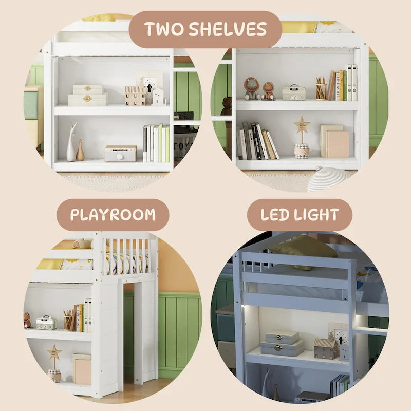 Cama alta baja de madera individual con estantes y luz LED