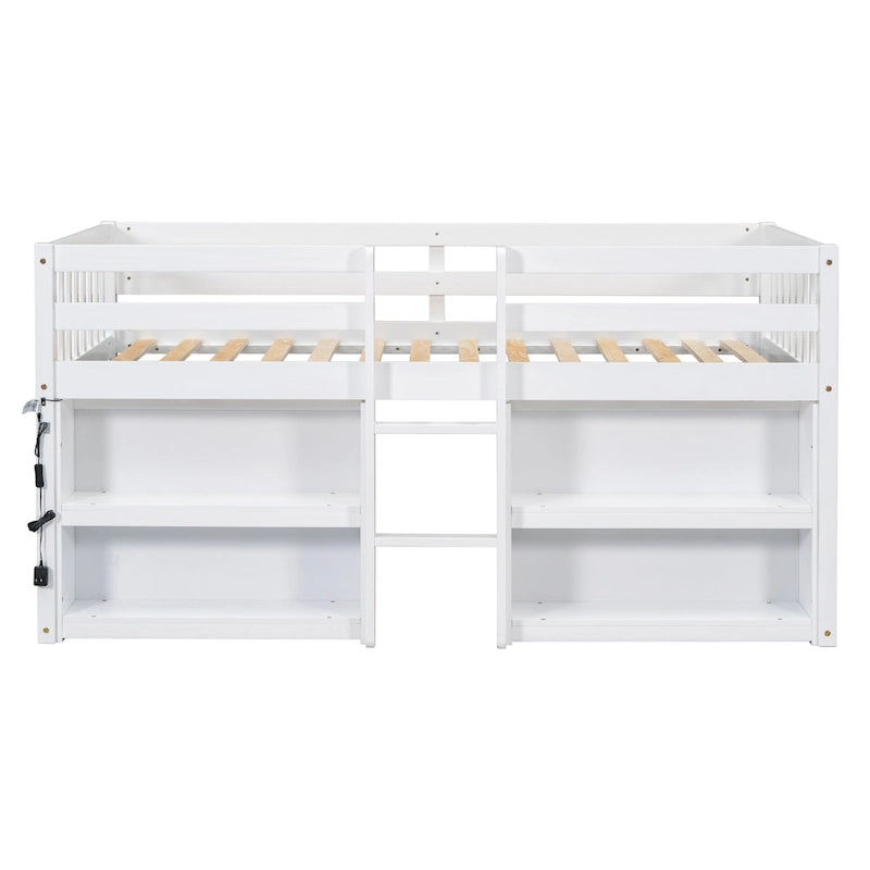 Cama alta baja de madera individual con estantes y luz LED