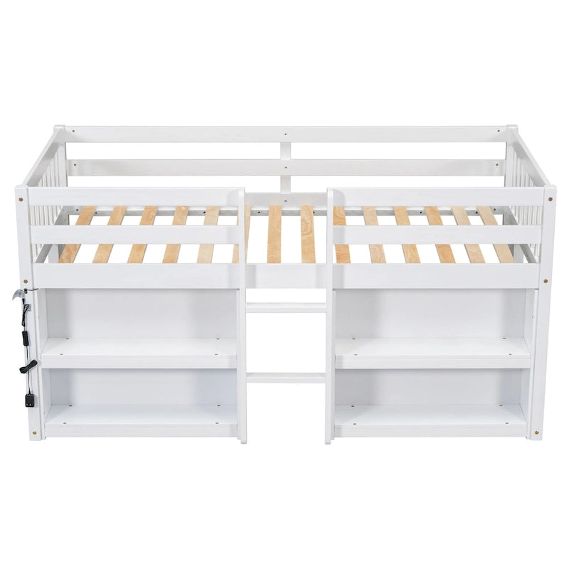 Cama alta baja de madera individual con estantes y luz LED